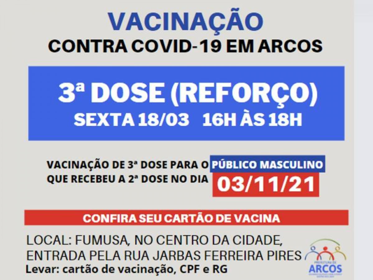 Covid-19: sexta (18/03) tem 3ª dose da vacina para o público masculino que recebeu a última imunização no dia 03/11/21
