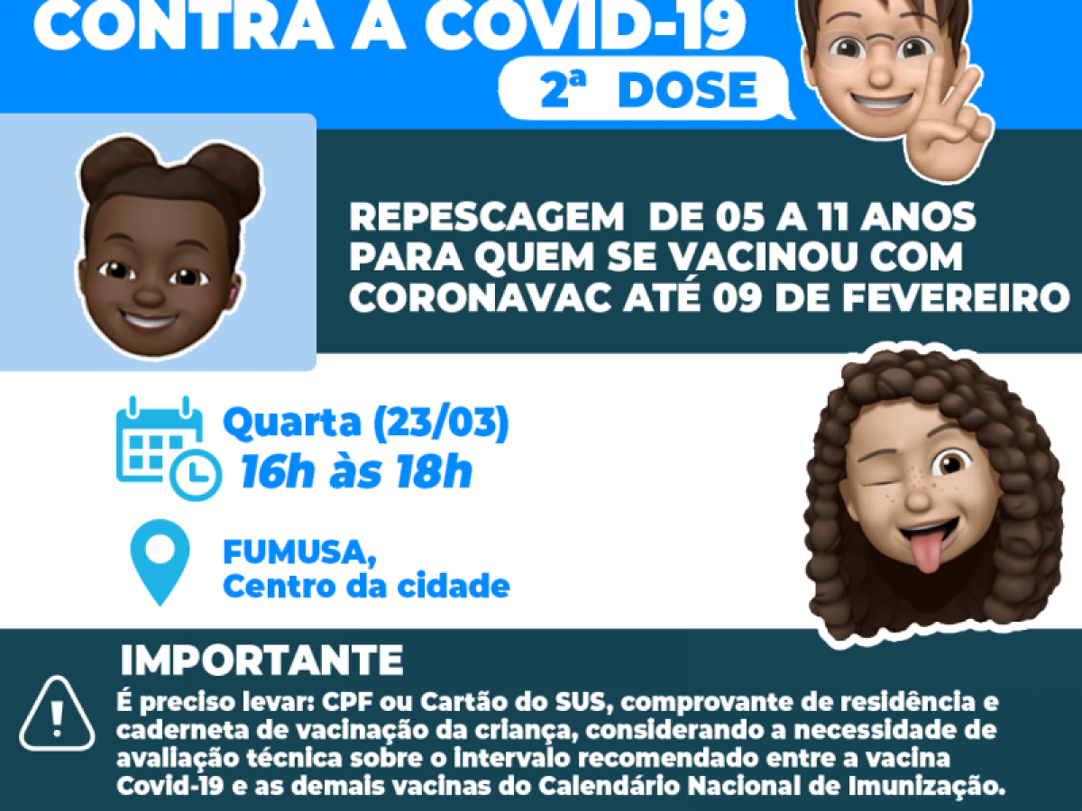 Covid-19: na quarta (23/03) tem repescagem vacinal de 2ª dose para crianças que receberam imunização até 09/02