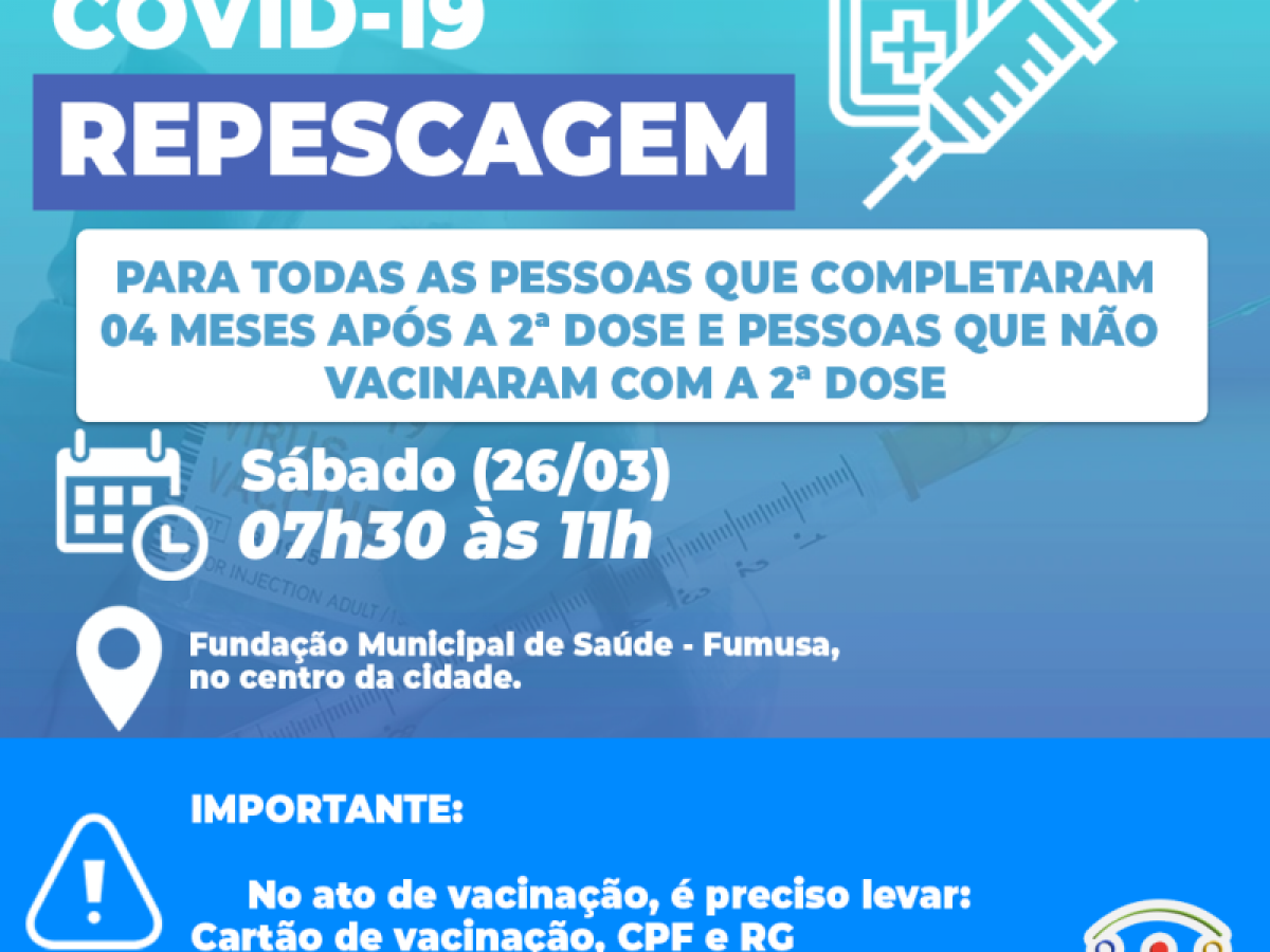 Covid-Arcos/MG: neste sábado (26) tem mais uma repescagem