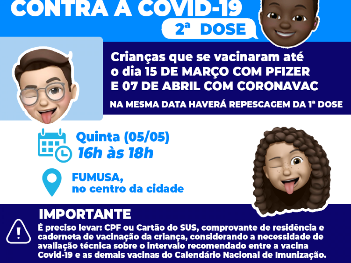 Covid-19: na quinta (05/05) tem 2ª dose para crianças que se vacinaram até o dia 15 de março com Pfizer e 07 de abril com Coronavac