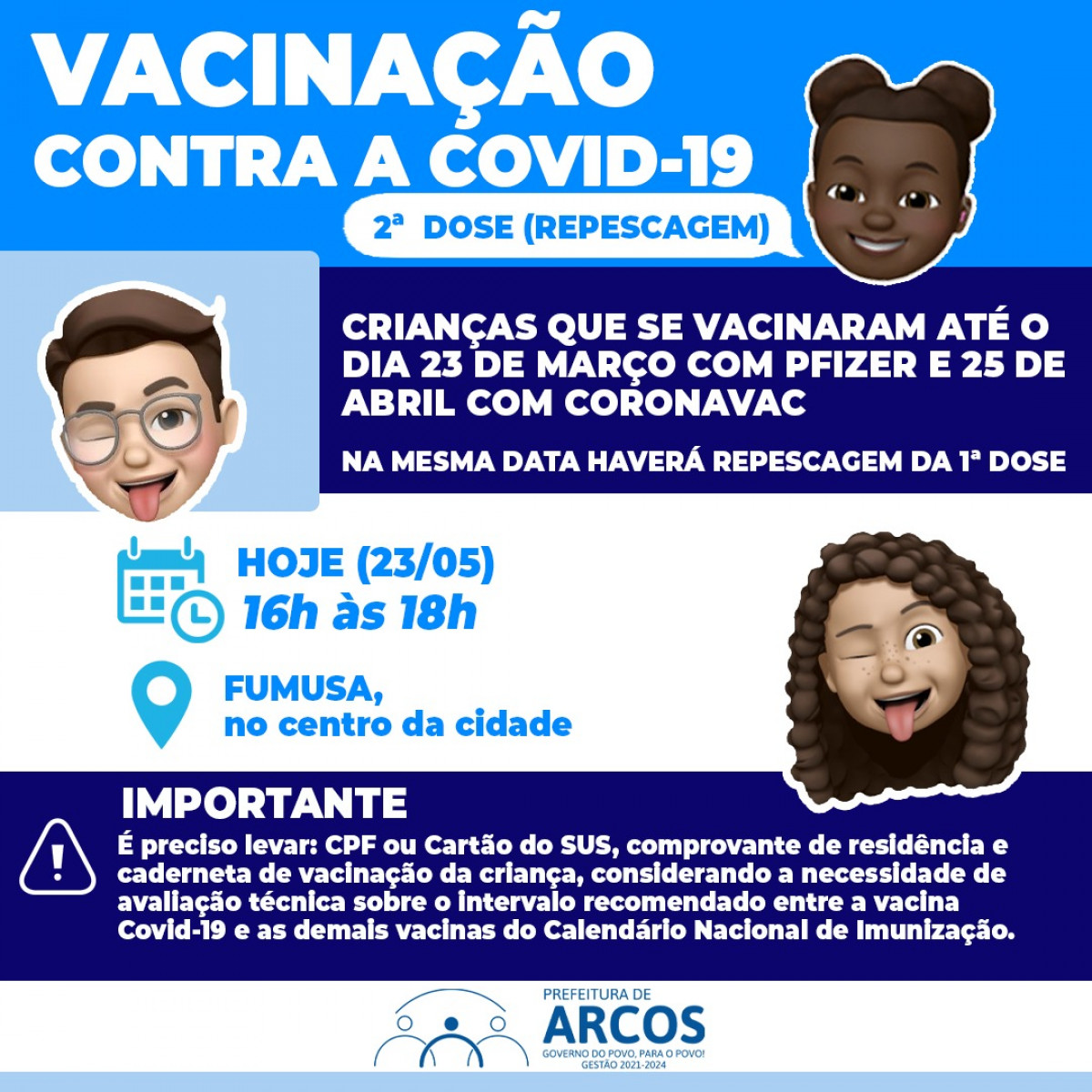 Covid-19: Hoje (23/05) tem repescagem de 2ª dose para crianças que se vacinaram até o dia 23 de março com Pfizer e 25 de abril com Coronavac