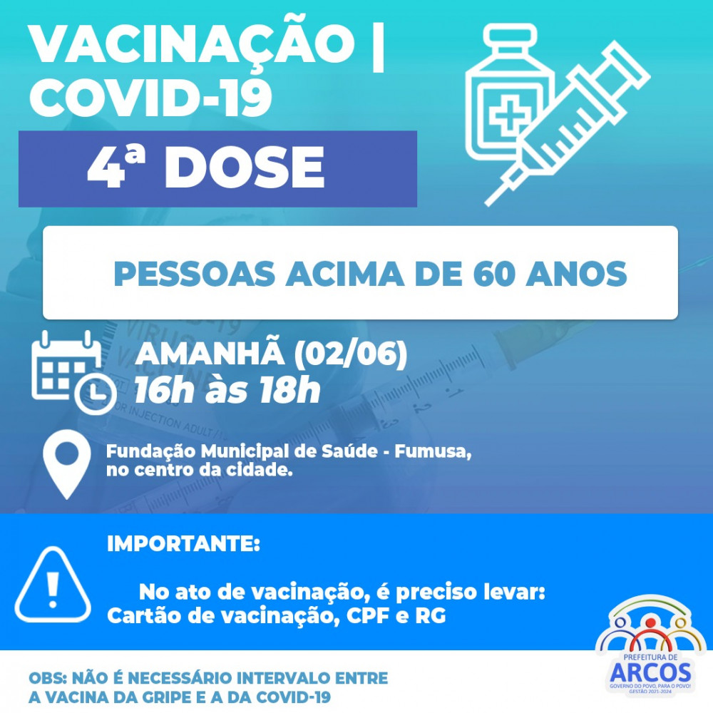 Covid-19: Amanhã, (02/06) tem 4ª DOSE DE REFORÇO para pessoas acima de 60 anos
