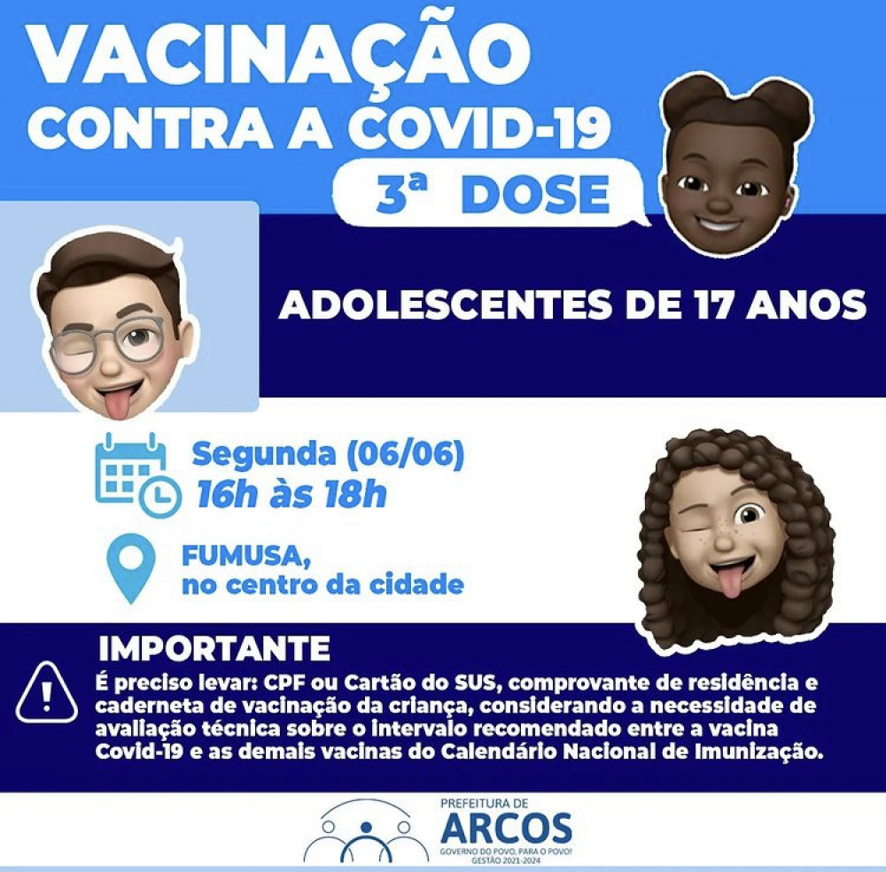 Covid-19: Hoje, (06/06) tem 3ª DOSE DE REFORÇO para adolescentes de 17 anos