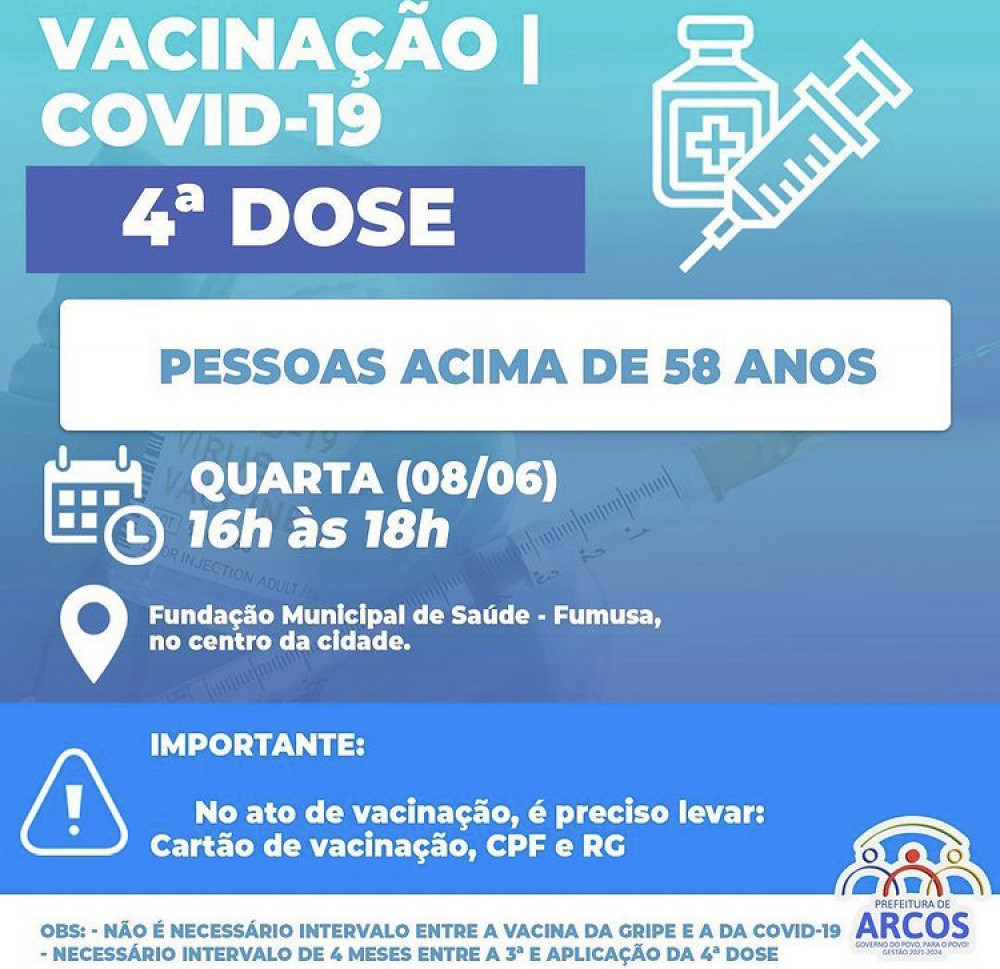 Covid-19: Quarta-feira, (08/06) tem 4ª DOSE DE REFORÇO para pessoas acima de 58 anos