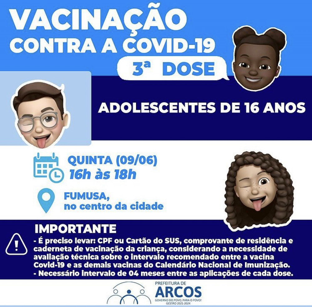 Covid-19: Quinta-feira, (09/06) tem 4ª DOSE DE REFORÇO para adolescentes de 16 anos