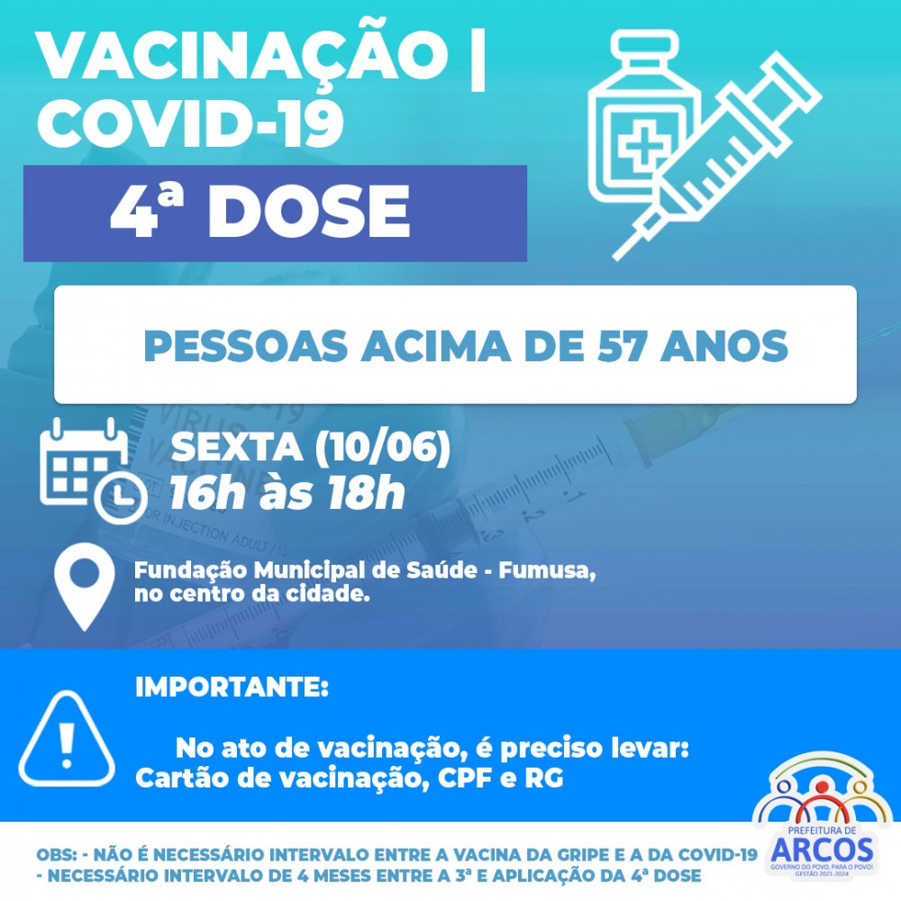 Covid-19: Sexta-feira, (10/06) tem 4ª DOSE DE REFORÇO para pessoas acima de 57 anos