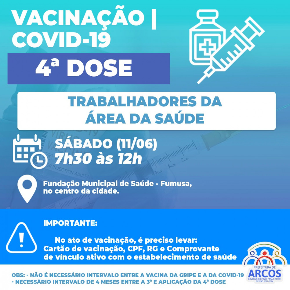 Covid-19: Sábado (11/06) tem 4ª DOSE DE REFORÇO para trabalhadores da área de saúde