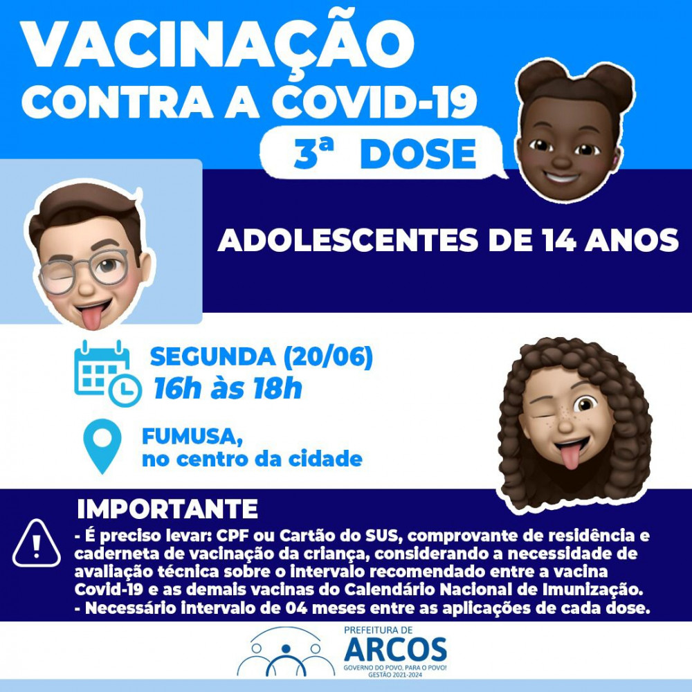 Covid-19: Segunda-feira, (20/06) tem 3ª DOSE DE REFORÇO para adolescentes de 14 anos