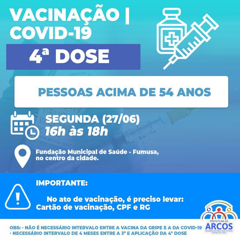 Covid-19: Segunda-feira, (27/06) tem 4ª DOSE DE REFORÇO para pessoas acima de 54 anos