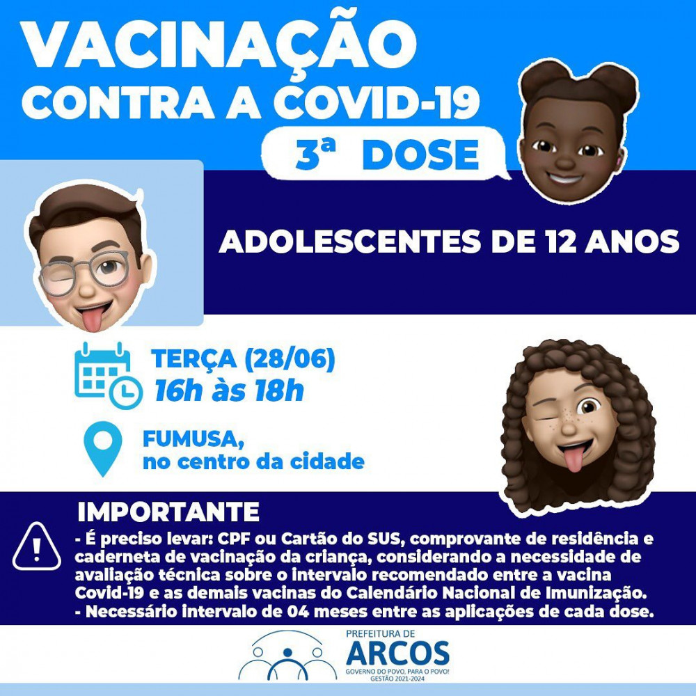 Covid-19: Terça-feira, (28/06) tem 3ª DOSE DE REFORÇO para adolescentes de 12 anos