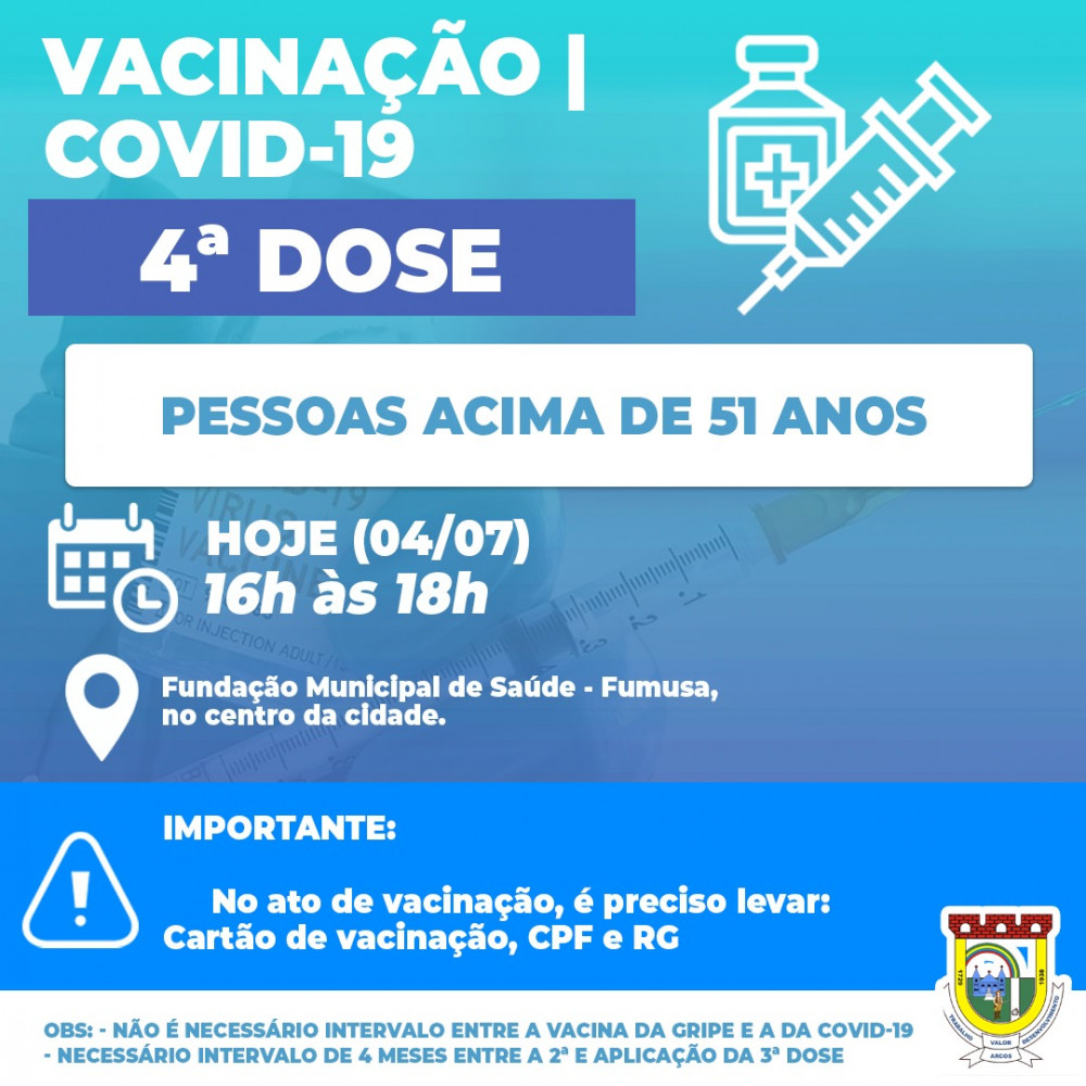 Covid-19: Segunda-feira, (04/07) tem 4ª DOSE DE REFORÇO para pessoas acima de 51anos