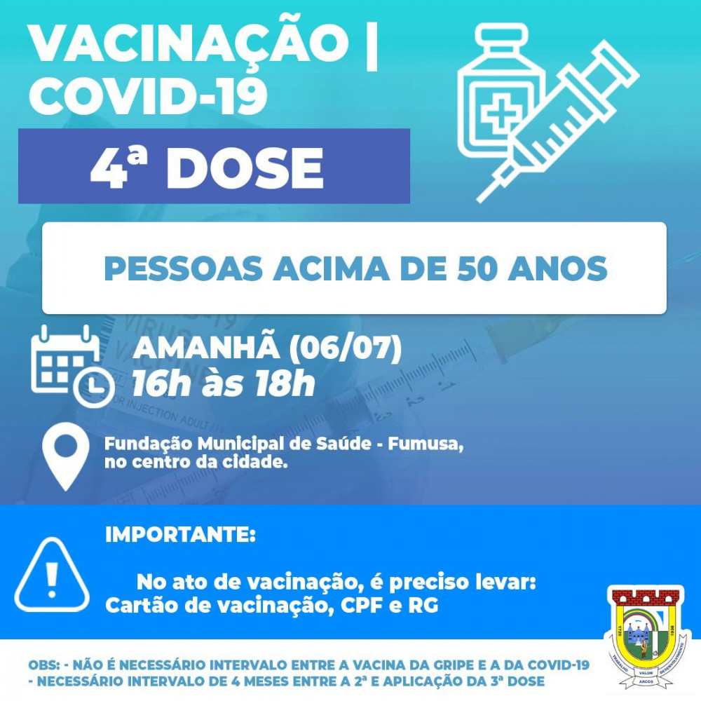 Covid-19: Quarta-feira, (06/07) tem 4ª DOSE DE REFORÇO para pessoas acima de 50 anos
