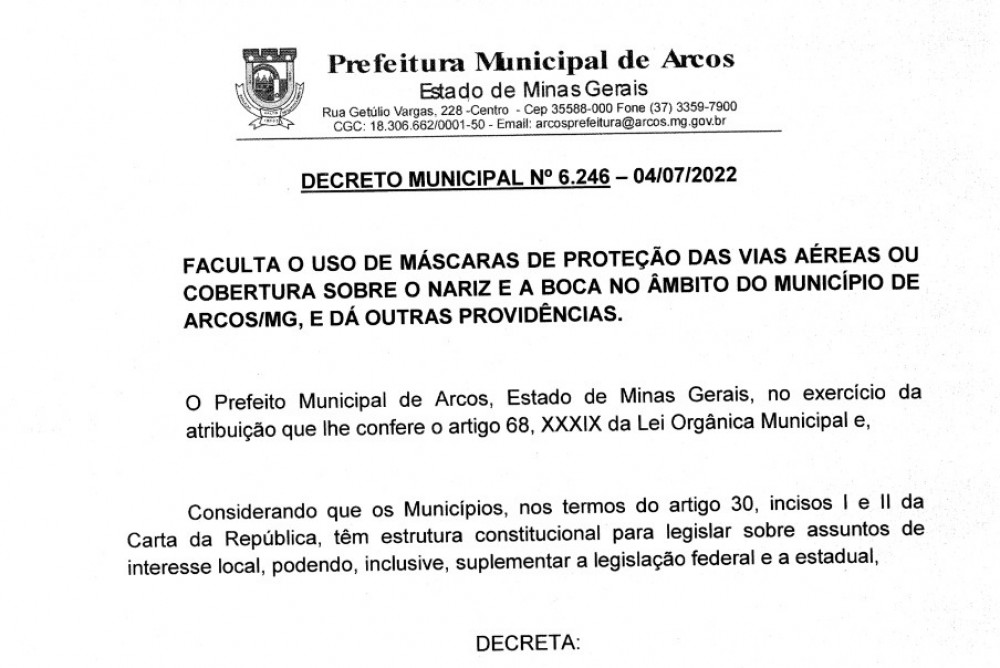 Prefeitura volta a facultar o uso de máscaras de proteção no âmbito do município de Arcos/mg