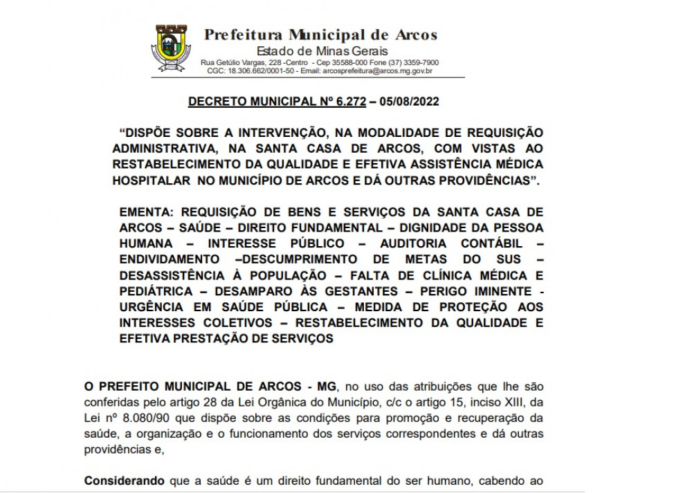 Prefeito publica Decreto que trata sobre o processo de INTERVENÇÃO da Santa Casa de Arcos
