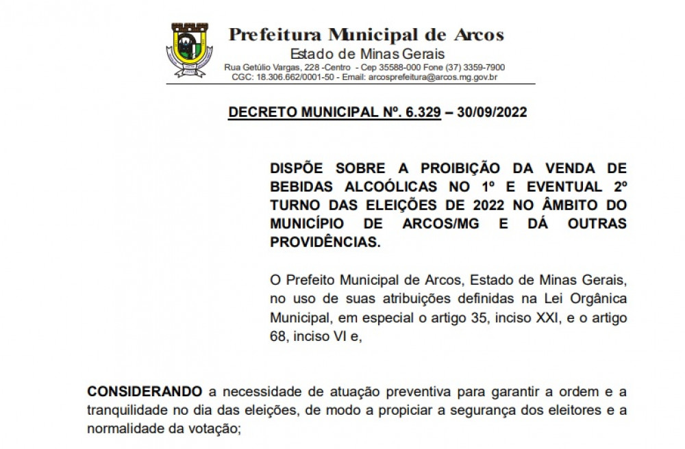 Prefeito publica Decreto sobre proibição de venda de bebidas alcóolicas no 1º e eventual 2º turno eleições 2022