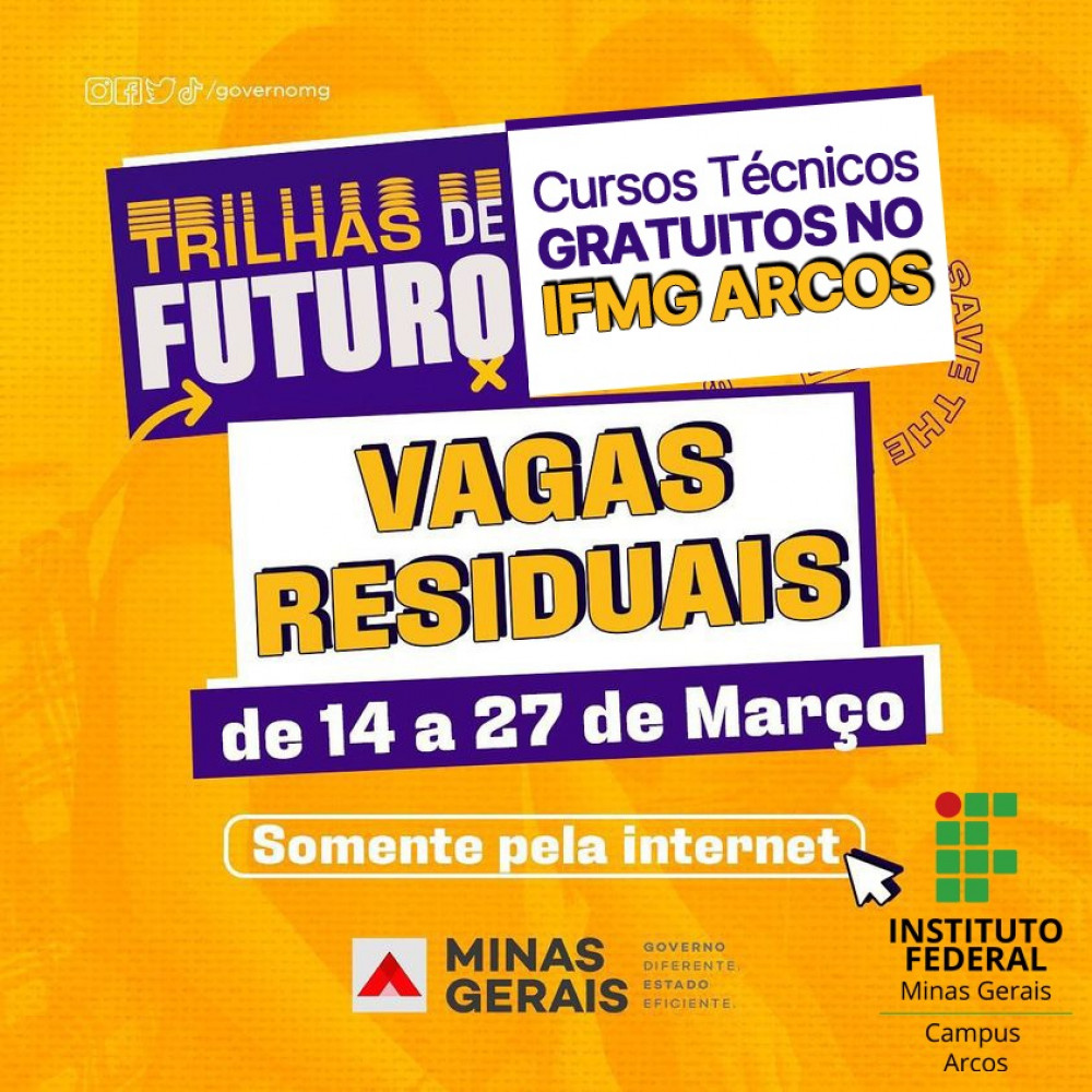 IFMG Arcos abre inscrições para vagas remanescentes dos cursos técnicos gratuitos do programa Trilhas de Futuro