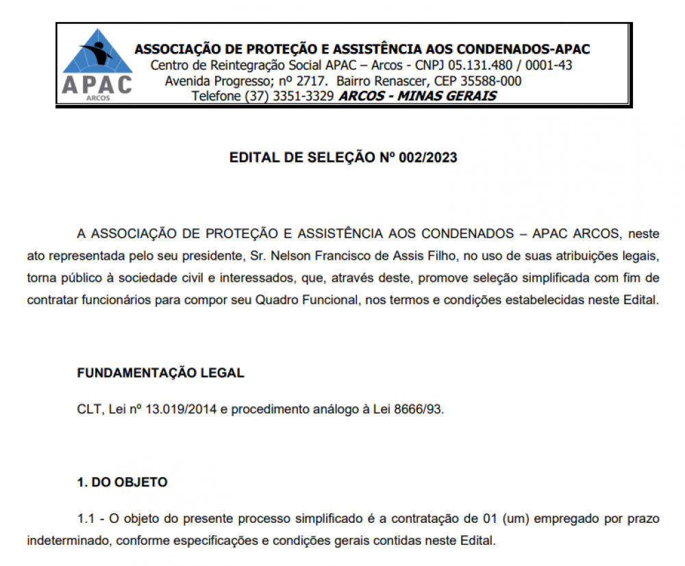 APAC Arcos divulga EDITAL DE SELEÇÃO Nº 002/2023 para Inspetor de Segurança Masculino