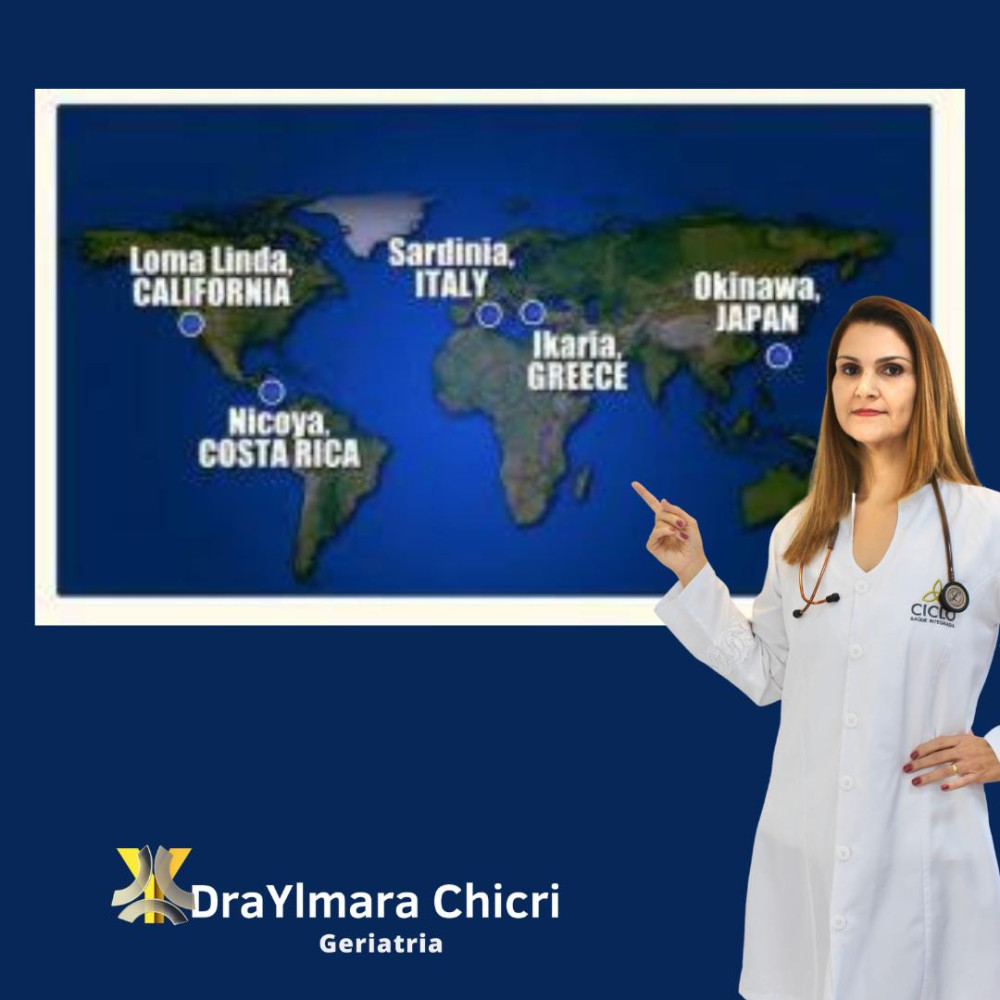 As Zonas Azuis: Segredos da Longevidade Revelados em Comunidades ao Redor do Mundo*  Ylmara Chicri  Médica geriatra   Você já ouviu falar nas "Zonas Azuis"? São regiões no mundo onde as pess