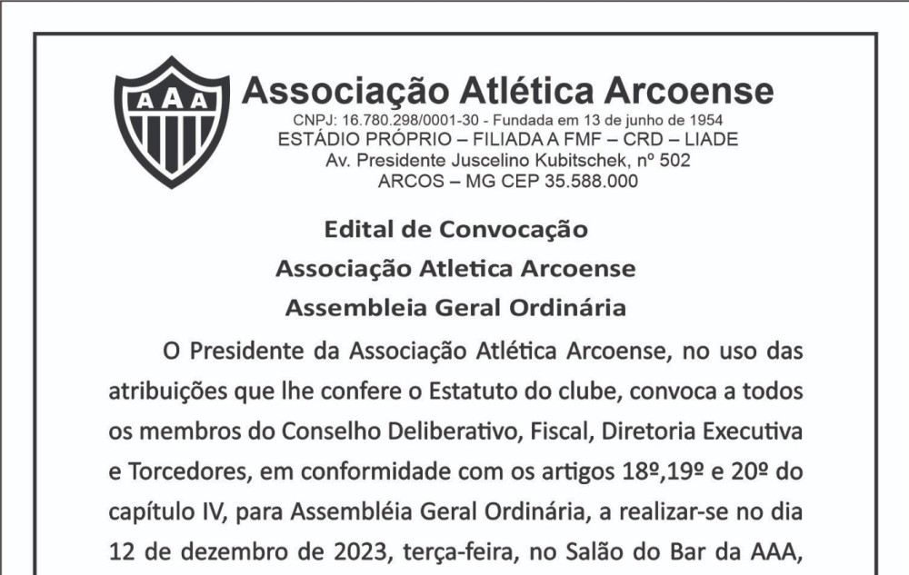 Associação Atlética Arcoense publica Edital de Convocação para Assembleia Geral