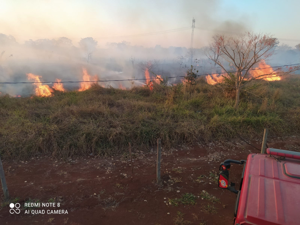 Corpo de Bombeiros atendem à ocorrência de incêndio às margens da rodovia MG 170