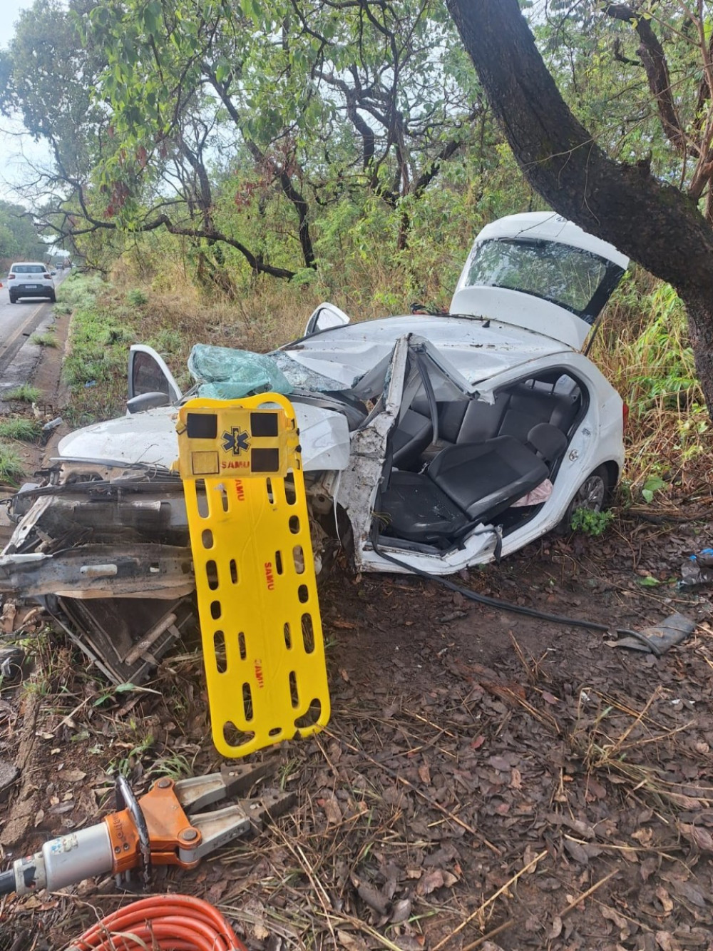 Carro colide contra uma árvore na MG429 próximo ao Rio Jacaré