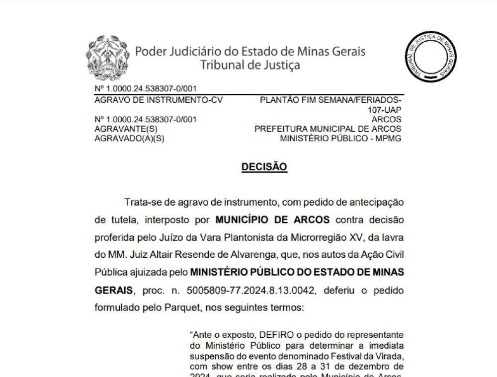 Justiça nega pedido de liminar impetrada pela Prefeitura de Arcos para manter o Show da Virada