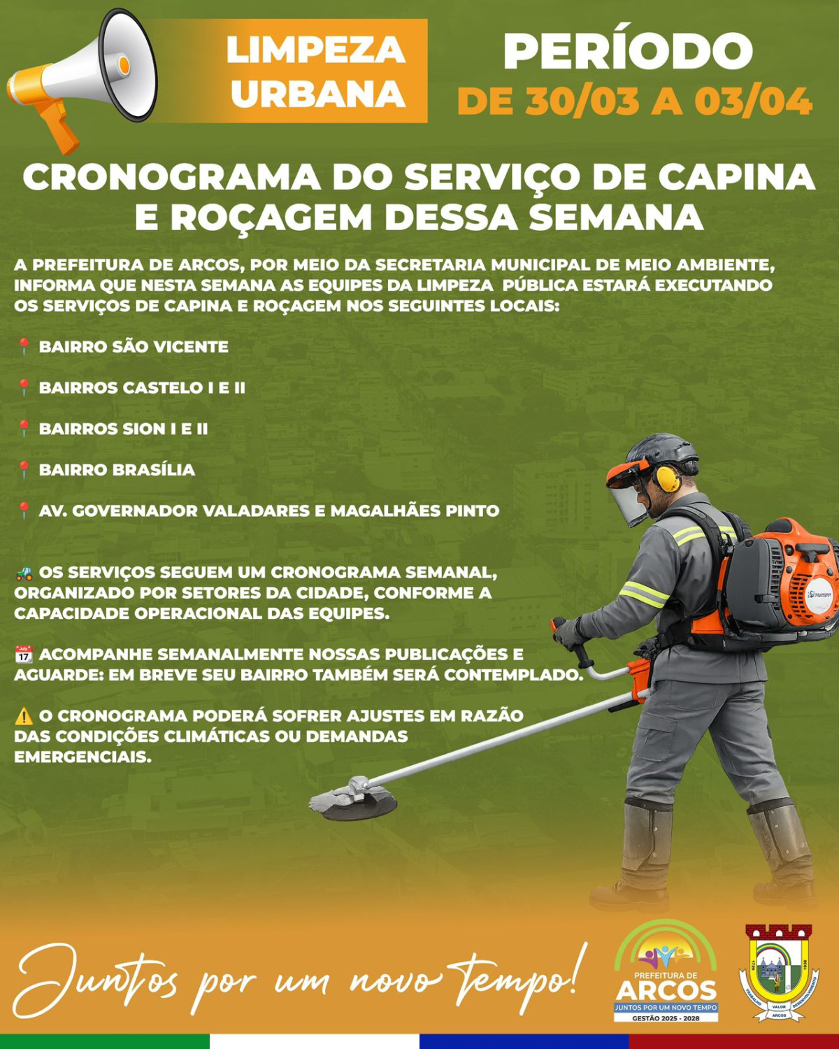 Prefeitura de Arcos divulga cronograma de limpeza urbana para os próximos dias
