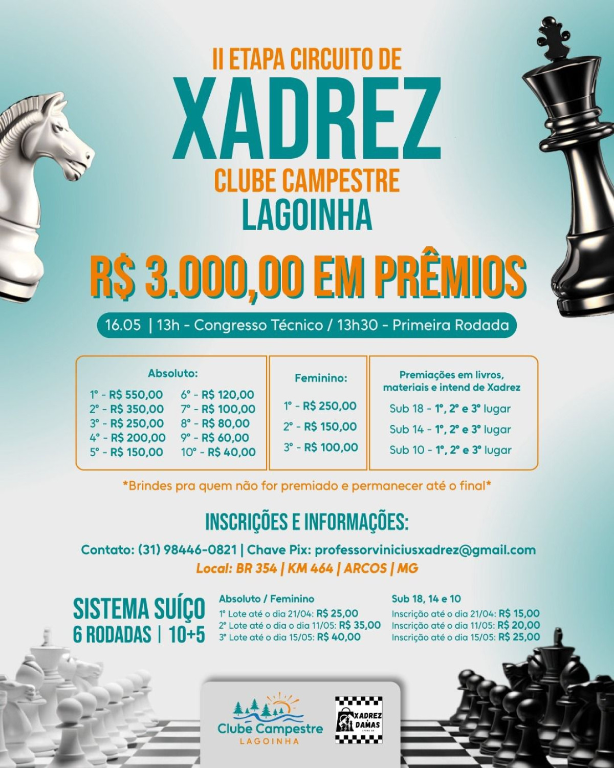 Arcos recebe II Etapa do Circuito de Xadrez com premiação de R$ 3 mil no Clube Campestre Lagoinha