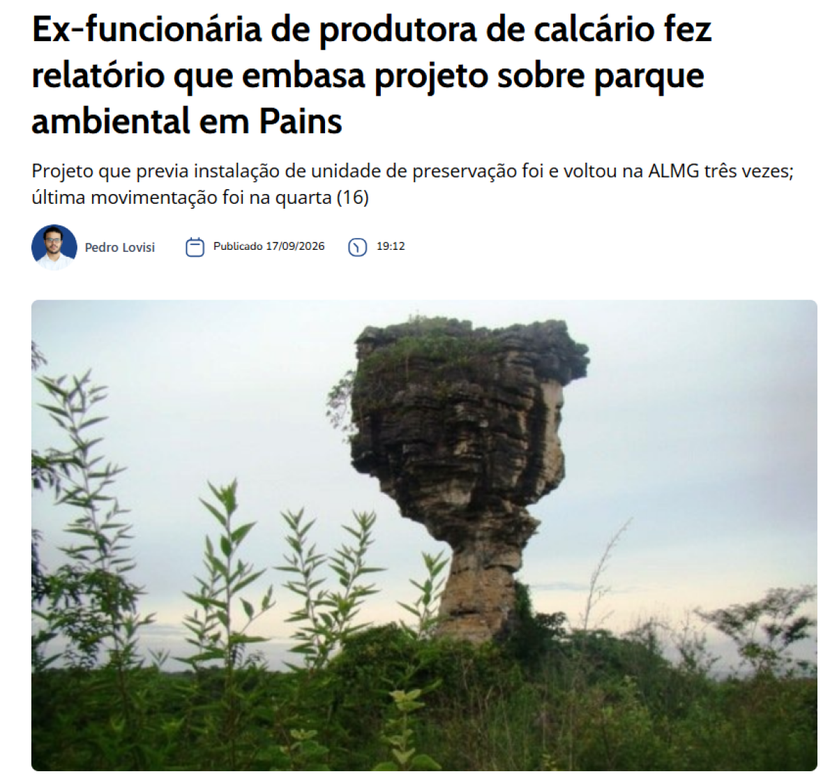 Ex-funcionária de mineradora assina relatório que embasa Parque Estadual da Pedra do Cálice
